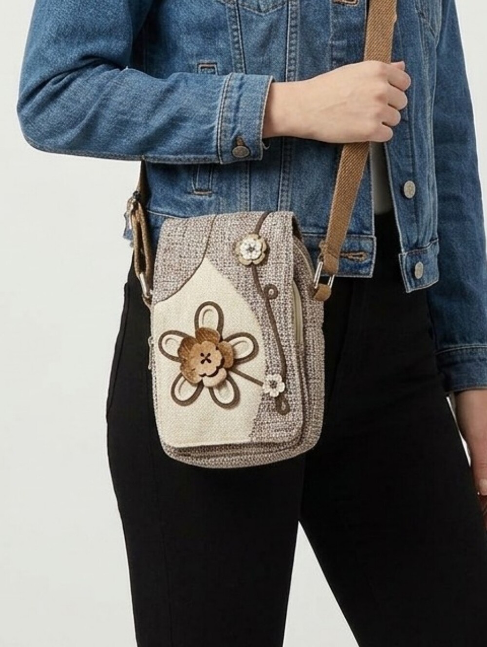 Boho Floral Applique Wood Flowers Crossbody Phone Bag Neutral Woven Tweed Fabric